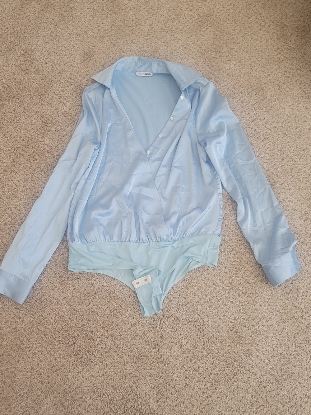 Fashion Nova Light Blue Long-Sleeve Button Front Bodysuit